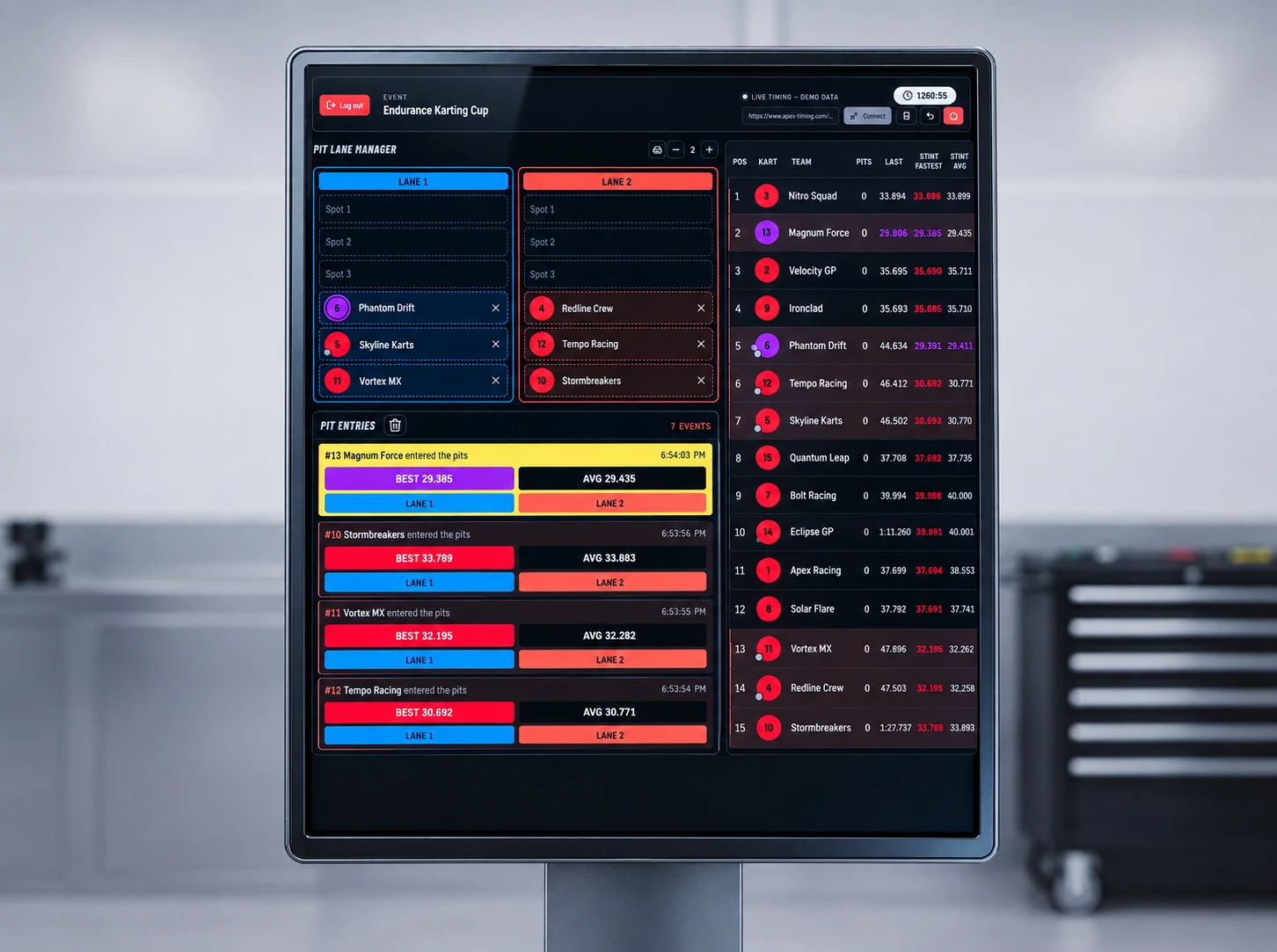 Streamlined race dashboard with pit lane and timing table